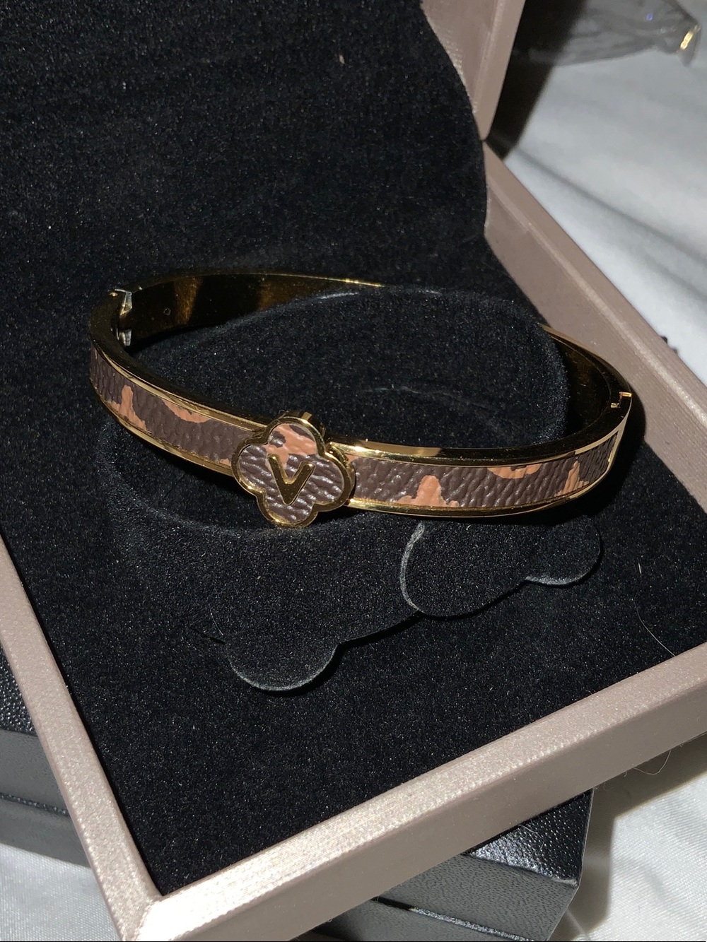 Gold and Brown Floral Emblem Bangle Bracelet